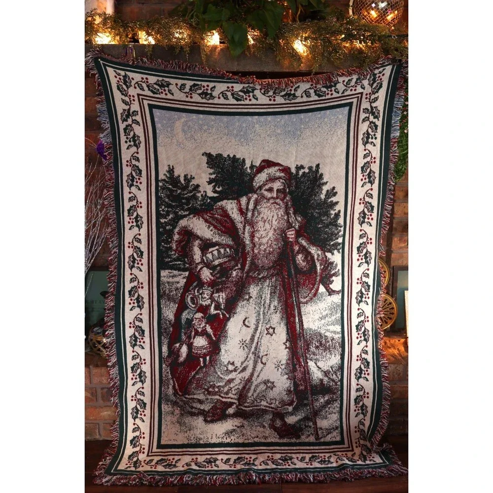 Vintage Folk Celestial Santa Christmas Throw Woven Blanket Cotton Tapestry